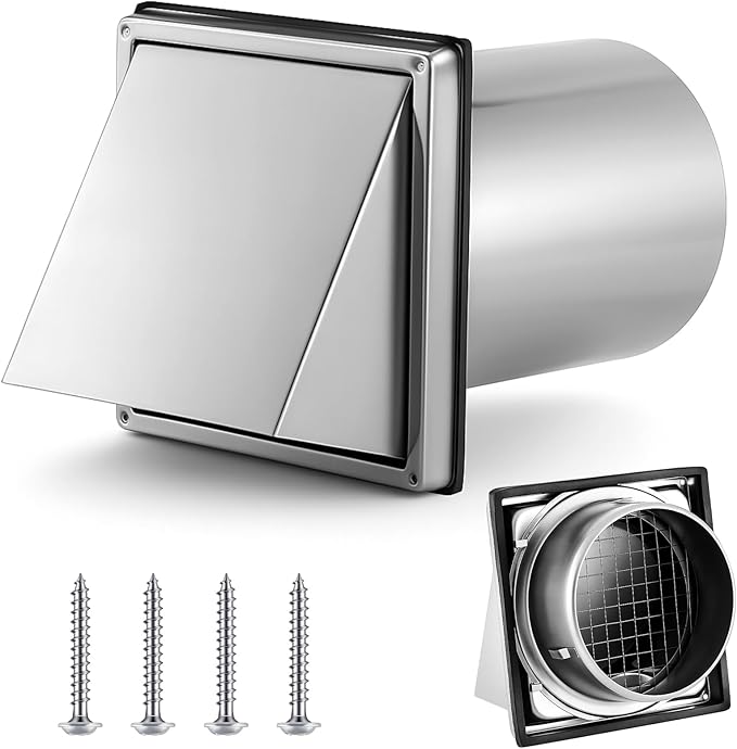 Gisafai 6" Outside Dryer Vent Cover for Exterior Walls Exhaust Vent Cap with Removable Extension Pipe Stainless Steel Hood Cushioned Non Return Flap with Sealing Gasket Grille Screen