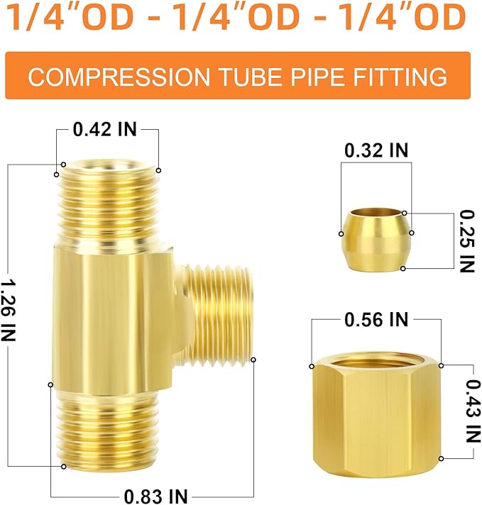 GASHER 5PCS Brass Compression Tube Pipe Fitting Connector, Tee，1/4" x 1/4" x 1/4" Tube OD Connector