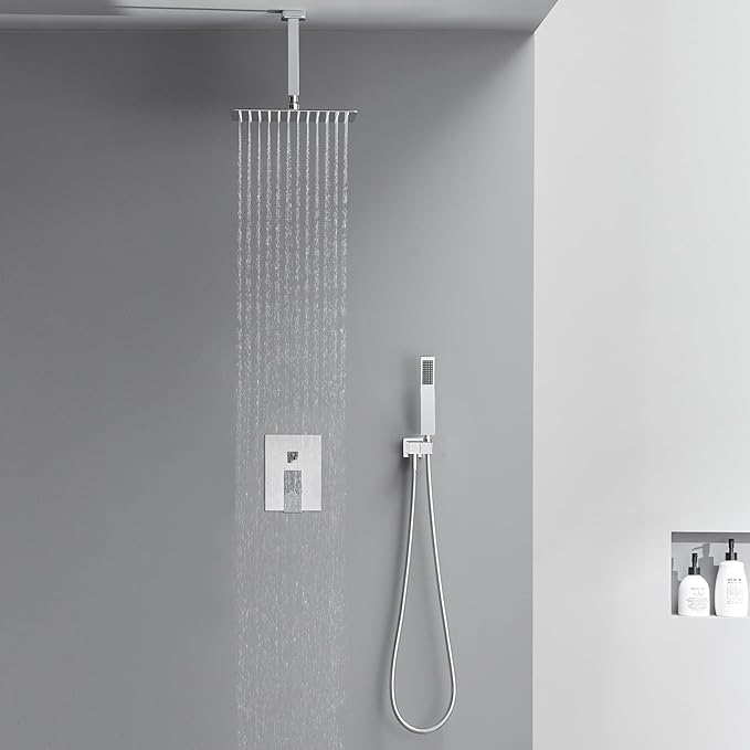 Shower System 12 Inches Rain Shower Combo Set Chrome Ceiling Mount Shower Faucet Bathroom Faucets with Rainfall Shower Head and Hand Shower