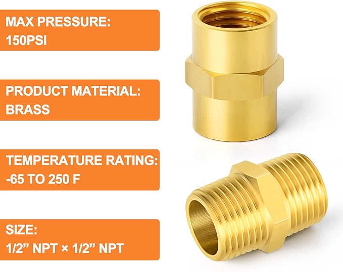 GASHER 12PCS Metals Brass Pipe Fitting, Hex Nipple Brass Hex Coupler, 1/2" x 1/2" NPT Male Thread Pipe, 1/2Inch x 1/2Inch NPT Female Thread Pipe
