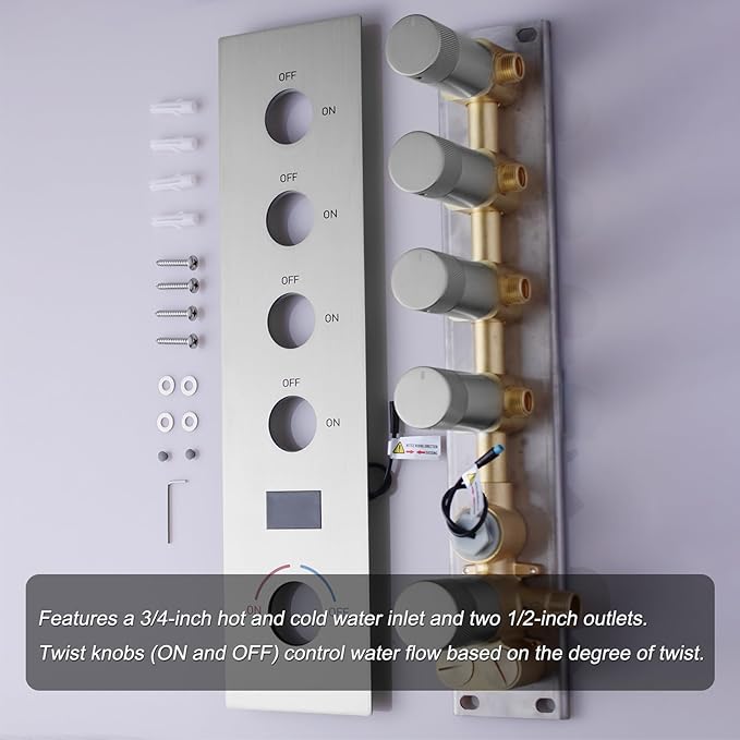 Shower Valve Concealed Shower Mixing Faucet with Temperature Display Function, Flow Control Brass Diverter Valve Kit, 4 Function Can Be Activated Simultaneously, Brushed Nickel