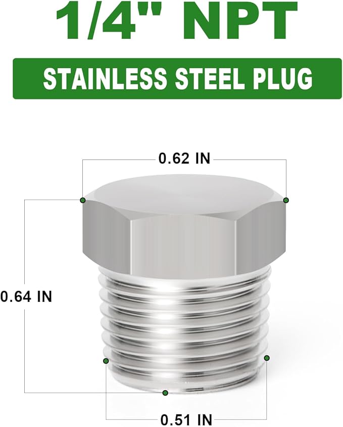 TAISHER 10PCS Stainless Steel Outer Hex Thread Socket Pipe Plug Fitting 1/4" NPT Male
