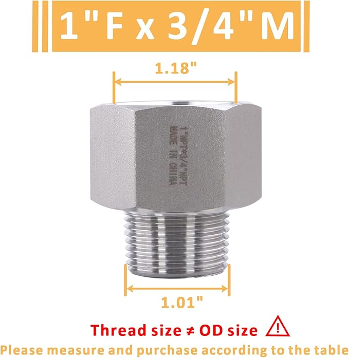 Forged Reducer Adapter Fitting - Stainless Steel 304 Reducing Pipe Connector, 1" NPT Female x 3/4" NPT Male (pack of 5)