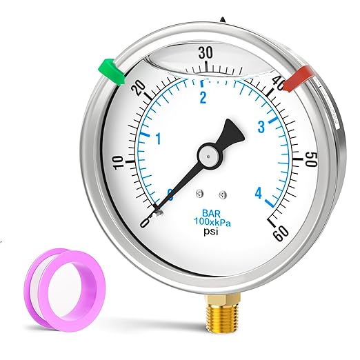 0-60PSI Stainless Steel Liquid Filled Pressure Gauge, 4" Dial Size, 1/4" NPT Lower Mount, for Tube, Water Pump, Gas, Liquid, Pressure Test (with Range Mark Pointer)