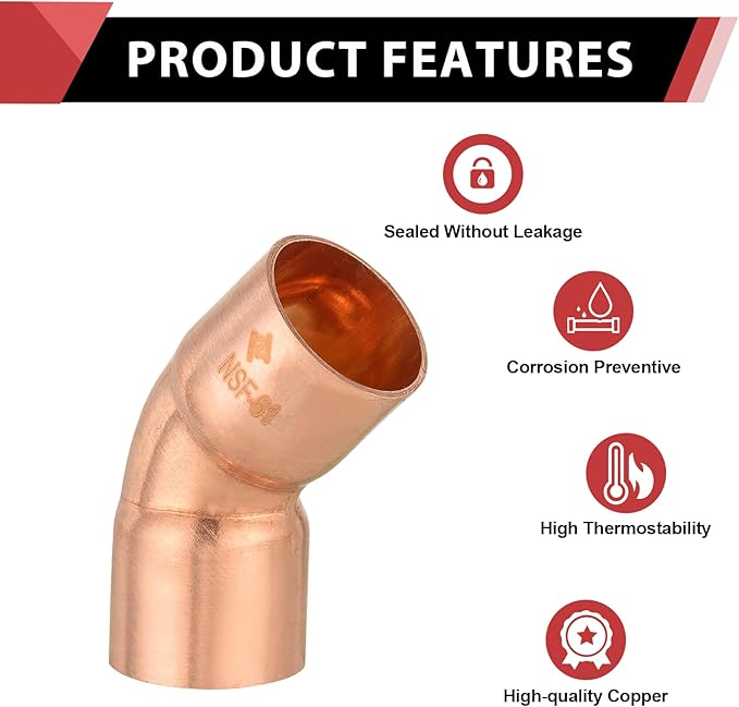 EFIELD 1-1/2" C X C Copper 45 Degree Elbow, LF Short Turn Copper Plumbing Fittings with Sweat Solder Connection,(COPPER073)