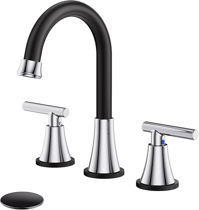 Bathroom Faucets for Sink 3 Hole, Hurran Black& Chrome Bathroom Sink Faucet with Pop-up Drain and Supply Lines, Stainless Steel Lead-Free Widespread Faucet for Vanity RV Farmhouse Sink