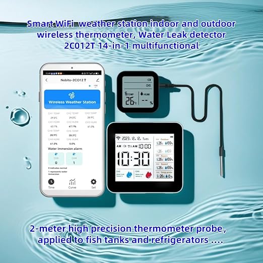WiFi Smart Weather Station,Water Sensor Leak Detector Alarm for Kitchen, Bathroom,Flood Water Leakage,Indoor and Outdoor Wireless Temperature and Humidity Meter，Thermometer Probe for Aquarium