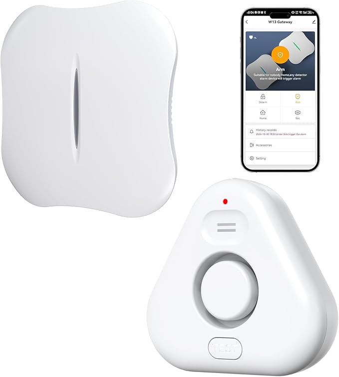 Smart Water Leak Detectors for Home WiFi with App Alerts, Stechro Ajustable 120dB Water Sensor Alarm Leak Detector for Basements Sink Kitchen Laundry, 1 Water Sensor & 1 Rechargeable Gateway