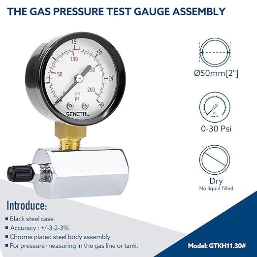 SENCTRL 0-30 Psi Gas Pressure Test Gauge, 2" Dial Size, 3/4" FNPT Connection, Brass Valve, Chrome Plated Steel Body Assembly