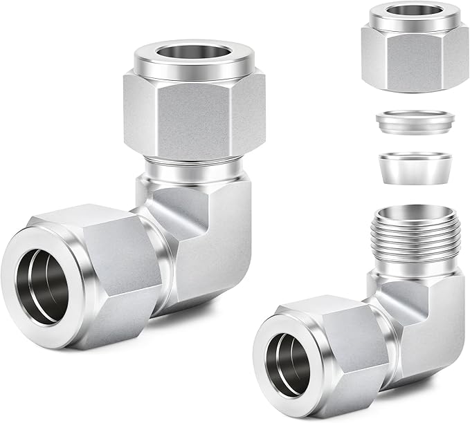 ChillWaves 304 Stainless Steel Compression Tube Fitting, 1/4" OD x 1/4" OD 90 Degree Elbow Compression Union Connector(2-PACK)