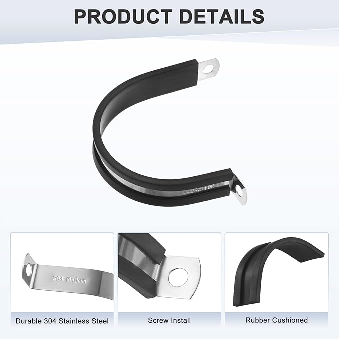 6-Pack Cable Clamps, 1-31/32 Inch/ 50 mm 304 Stainless Steel Rubber Cushioned Insulated Cable Clamp R Shape Metal Holder for Tube/Wire/Pipe/Loop Installation