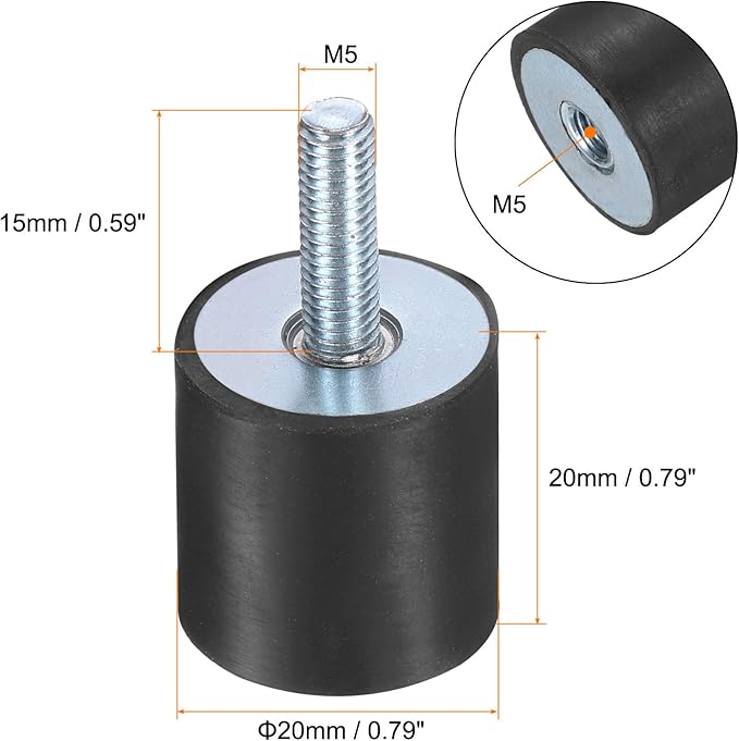 uxcell 6pcs M5x15mm Rubber Isolator Mounts with Studs 20x20mm Male Female Vibration Shock Absorber Zinc Plated Cylindrical Thread Mounts Anti Vibration Isolators with 6pcs M5 Lock Nuts