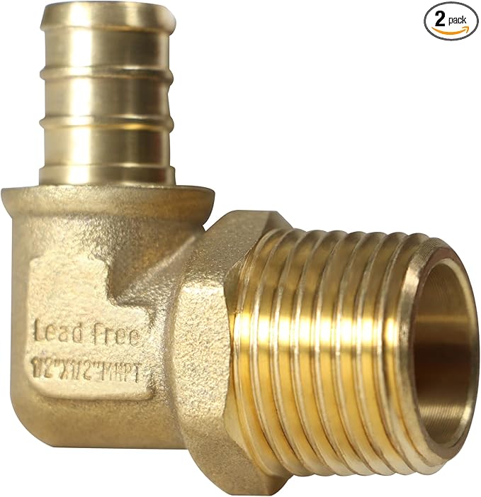2 Pieces XFITTING 1/2" Pex x 1/2" Male NPT Threaded Elbow, 90 Degree Brass Crimp Fitting - Brass, Full Port