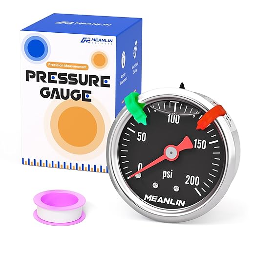 MEANLIN MEASURE 0~200Psi Black Stainless Steel Pressure Gauge, Glycerin Filled 1/8" NPT 1.5" FACE DIAL, Liquid Filled Pressure Gauge WOG Water Oil Air Back Mount (with 2PCS Snaps)