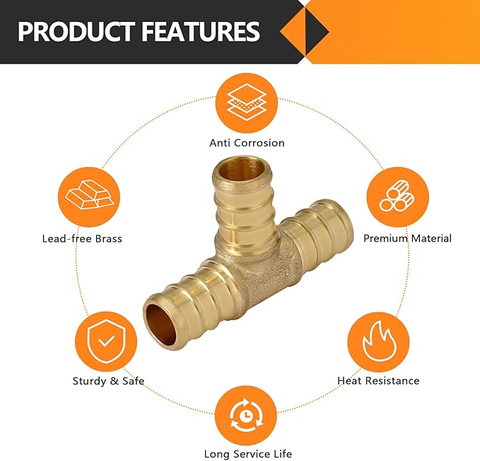 HeSun 100-Pack PEX Fittings, 1/2"x1/2"x1/2" Pex Tee, Brass Crimp Fitting for Pex Pipes, ASTM F1807