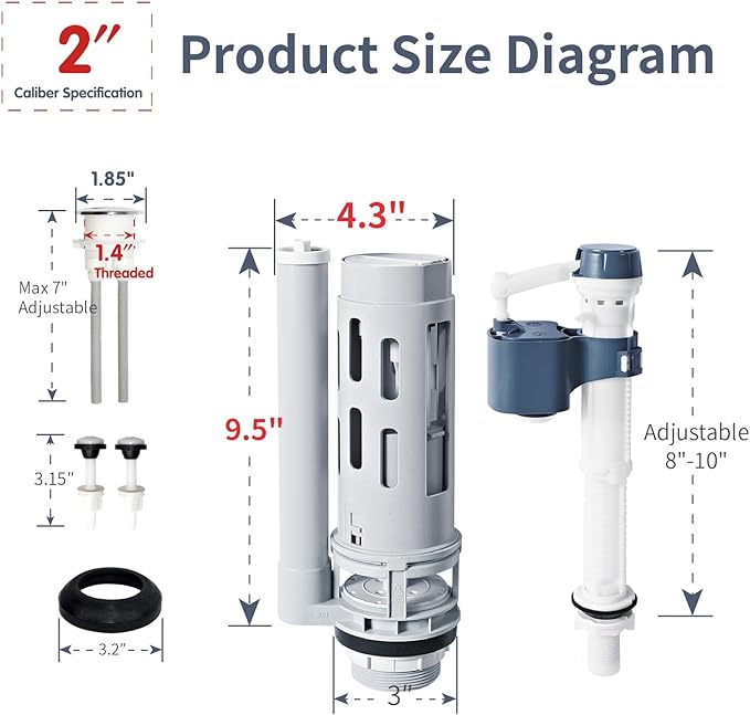 2-Inch Top Push Dual Flush Valve Repair Kit for 2-Piece Toilet Toilet Repair Kit Inside Tank Includes Flush Valve, Button & Fill Valve with Gasket & Bolts