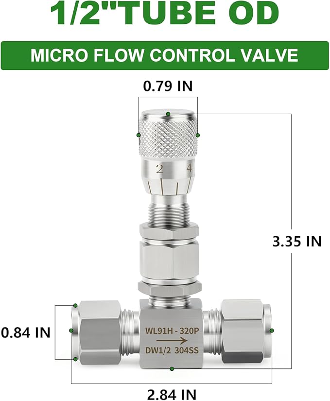 TAISHER 1PCS 304 Stainless Steel Reduce Port 3mm Needle Valve 1/2" OD，Accurate Dials For Micro Flow Control Instrument Gauge Water Gas Oil
