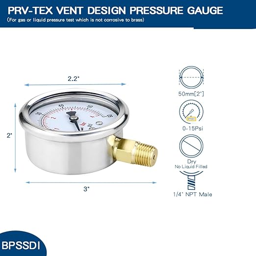 0-15 Psi Low Pressure Gauge, 2.5" Dial Size, 1/4" NPT Lower Mount, 304 Stainless Steel Case, Water Pressure Gauge Test for Water Pipe, HVAC(with Tape)