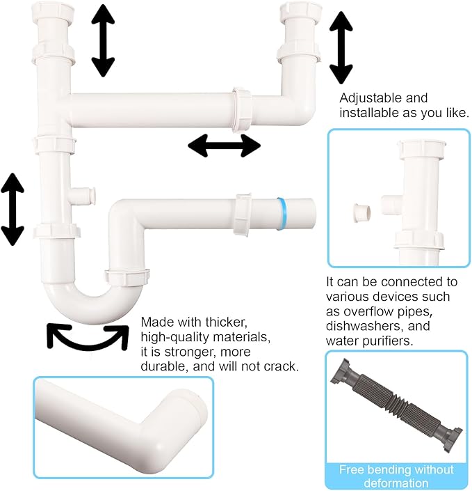 Universal 1-1/2" Kitchen Sink Drain Kit, Space-Saving kitchen drain P-trap With retractable flexible Pipe Completed Sink Pipe Replacement Kit (DIY Installation)