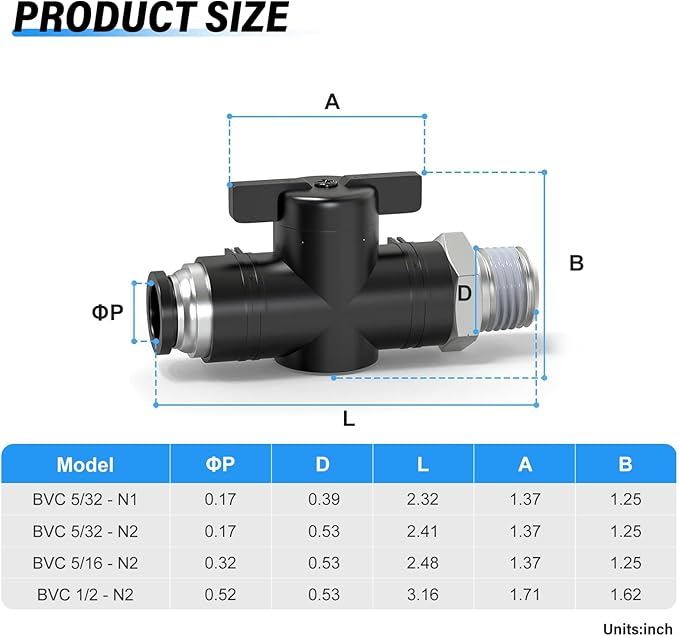 TAILONZ PNEUMATIC 5/32 Inch Tube OD x 1/4 Inch NPT Thread Ball Valve Air Flow Control Valve Push to Connect Fitting BVC-5/32-N2（Pack of 1）