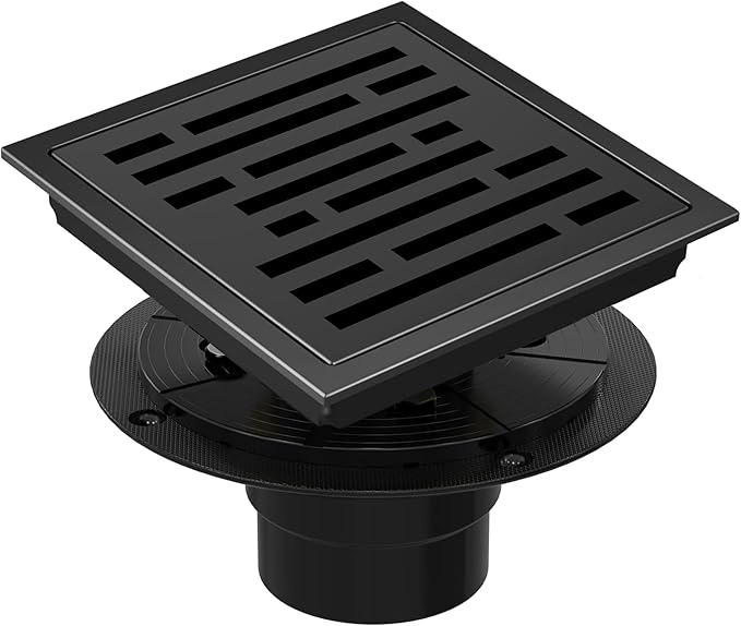 6 Inch Square Shower Floor Drain, Shower Drain Kit with Flange, Square Shower Drain, SUS 304 Stainless Steel Floor Drain,Matte Black