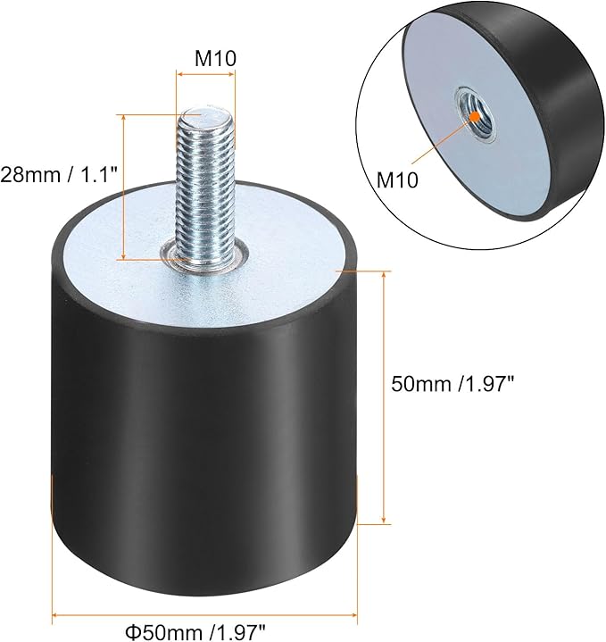 uxcell 4pcs M10x28mm Rubber Isolator Mounts with Studs 50x50mm Male Female Vibration Shock Absorber Zinc Plated Cylindrical Thread Mounts Anti Vibration Isolators with 4pcs M10 Lock Nuts