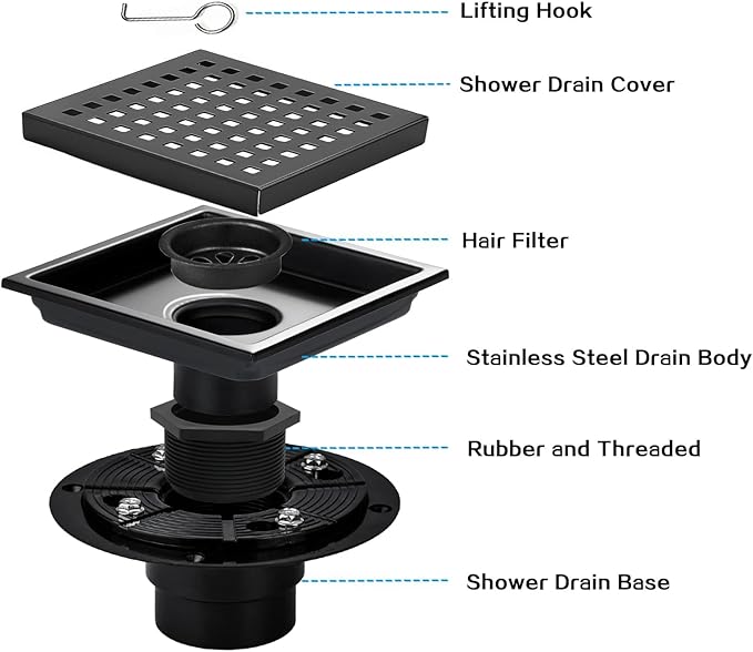 Square Shower Drain, Black Shower Drain 6 inch with Flange and Removeable Grate Cover, AISI 304 Stainless Steel Matte Black Shower Floor Drain with Hair Catcher and Flange