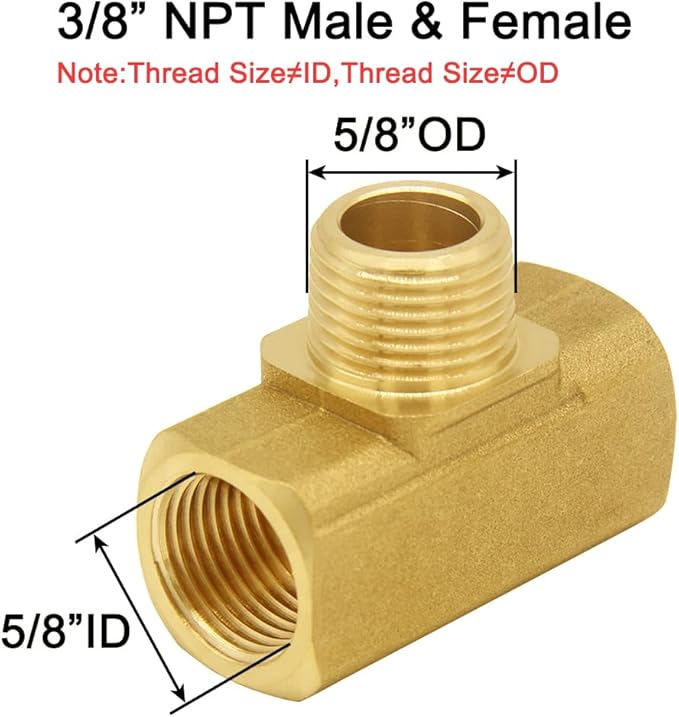 Joywayus Brass Pipe Fitting Barstock Street Tee T 3 way NPT 3/8" Female × 3/8" Male × 3/8" Female Adapter (Pack of 2)