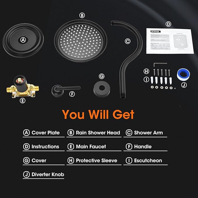 Matte Black Shower System, Shower Faucet Set with Pressure Balance Valve, 9 inch Single-Function Rain Shower Head, Bathroom Shower Valve Trim Kit, High Pressure Shower Fixtures (WT-9817BK)