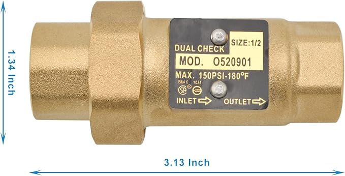 HYDRO MASTER Brass Dual Check Valve, 1/2" FNPT, Solid Brass, Max 150PSI-180°F