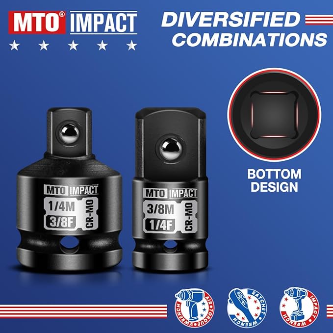 MTO 2-Piece Impact Socket Adapter and Reducer Set, 3/8" Female to 1/4" Male Reducer, 1/4" Female to 3/8" Male Adapter, CR-MO, for Impact Wrench & Ratchet Use
