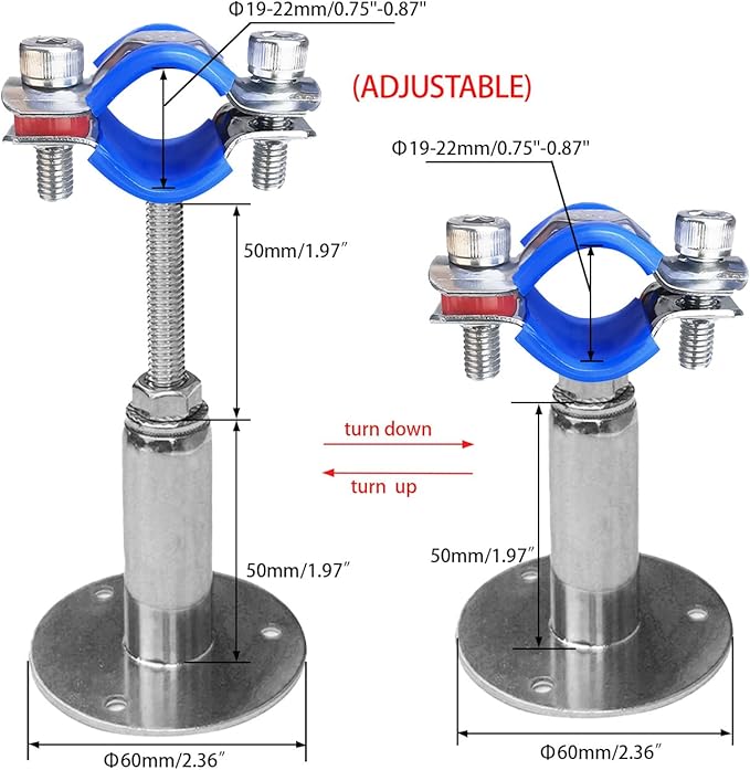 Wall Mount Ceiling Mount Pipe Supports,Adjustable Pipe Clamps、Hangers Stainless Steel 304,2PCS Suitable for Pipe OD 19-22mm Adjustable Height 50-100mm