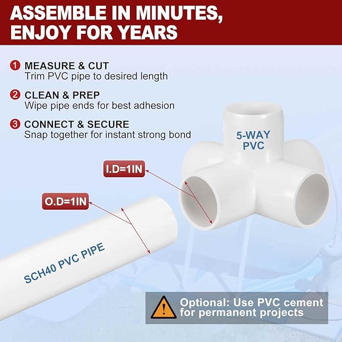 4Pcs 1" Elbow PVC Fitting, SCH40 5-Way Cross Furniture Grade PVC Pipe Fitting, DIY Corner Elbow Connector for Building Furniture, Greenhouse Frame Connection, Socket x Socket