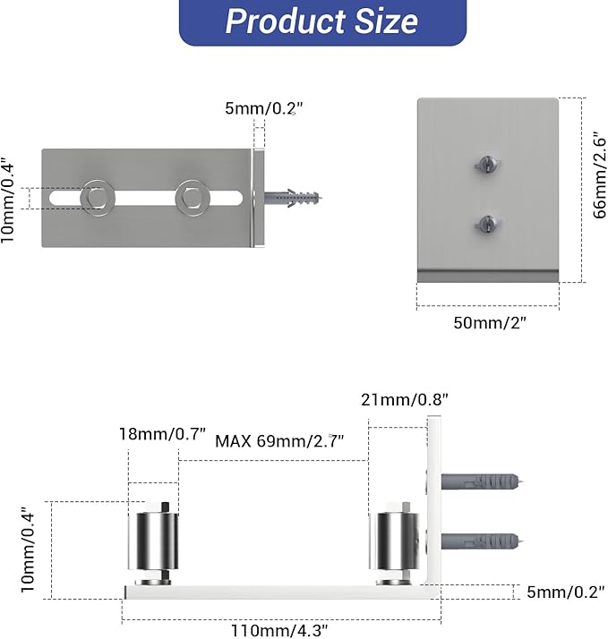 1 PC Barn Door Bottom Floor Guide, Adjustable Roller Wall Mounted Stainless Steel Sliding Door Guides for Door Thick Up to 2 1/8" Easy Installation and Smooth Sliding Operation
