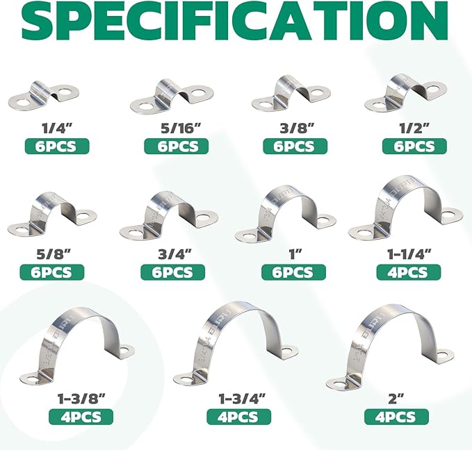 58pcs Conduit Clamp Assortment Kit 304 Stainless Steel, 11 Sizes (1/4"-2") Rigid Metal Pipe Clamp U Bracket, 2 Holes Pipe Strap for Automotive, Wire & Tube