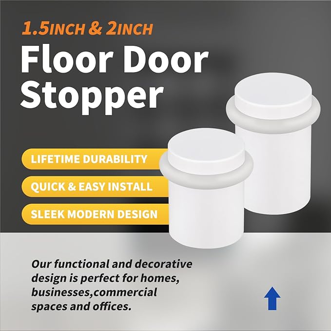 Floor Door Stopper Door Stop - Classy Solid Steel Modern Heavy Duty Door Stoppers - Floor Mount Anchor Screw - Wall Protector for Commercial Door(White, 1.5 Inch)