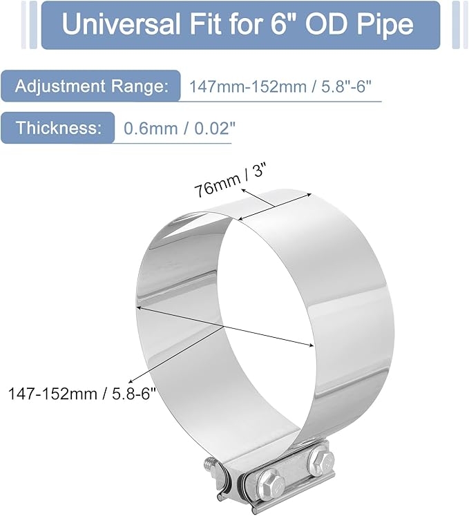 uxcell 6 Inch Exhaust Clamp, 304 Stainless Steel Sleeve Coupler Pipe Repair Clamp, Silver