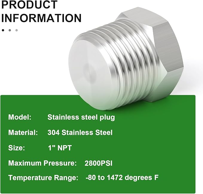 TAISHER 2PCS Stainless Steel Outer Hex Thread Socket Pipe Plug Fitting 1" NPT Male