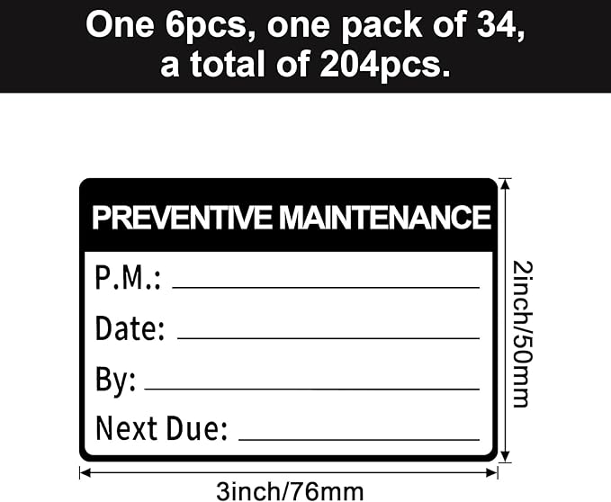 204Pcs Maintenance Stickers,Self Adhesive Preventative Maintenance Stickers Vinyl Information Decal Service Sticker Label for Equipment,2x3inch