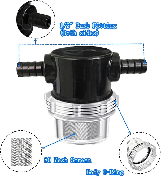 2PC RV Water Pump Filter,1/2 Inches Rv Water Inlet Filter Compatible With 3/8 Inches Raw Water Strainer Twist-On Pipe Sprayer For 12V DC 80 PSI Camper Marine Boat Lawn Beer Filter