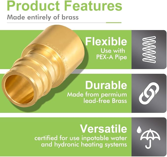 10 Pack Brass Expansion Female Sweat Adapter, 3/4" Pex A Expansion x 3/4" Sweat Brass Expansion Fitting ONLY Full Flow For Pex-A Tubing Connection, NSF/ANSI 61 NSF 372 Certificate