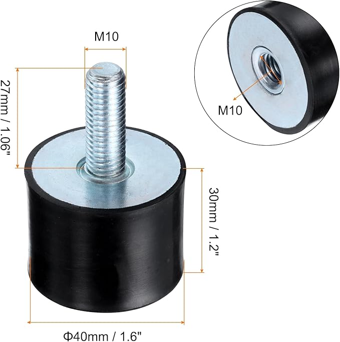 uxcell 4pcs M10x27mm Rubber Isolator Mounts with Studs 40x30mm Male Female Vibration Shock Absorber Zinc Plated Cylindrical Thread Mounts Anti Vibration Isolators with 4pcs M10 Lock Nuts