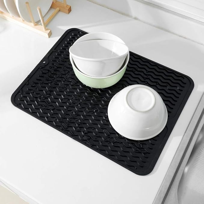 Silicone Dish Drying Mat for Multiple Usage,Easy clean,Eco-friendly,Heat-resistant Silicone Mat for Kitchen Counter or Sink,Refrigerator or drawer liner Black L 16 inches x 12 inches