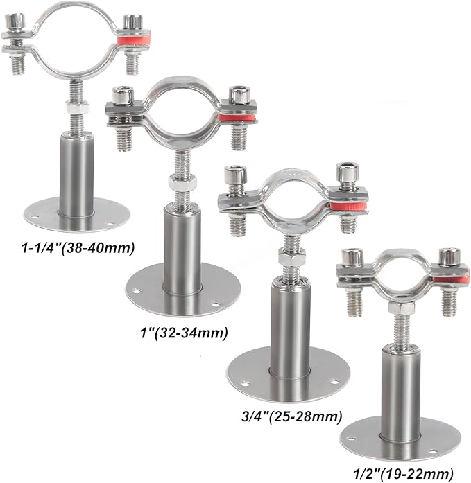 Kodilin 4PCS 304 Stainless Steel Wall Mount Ceiling Mount Pipe Supports,Suitable for OD Pipe 1-1/4"(38-40mm),Adjustable Height 50-100mm,Adjustable Pipe Strap Clamp with Screws