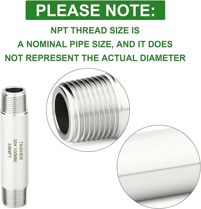 TAISHER 2PCS Stainless Steel Pipe Fittings, 3/8" NPT Male x 3/8" NPT Male Threaded, 4" Length Thickened Nipple Cast Pipe