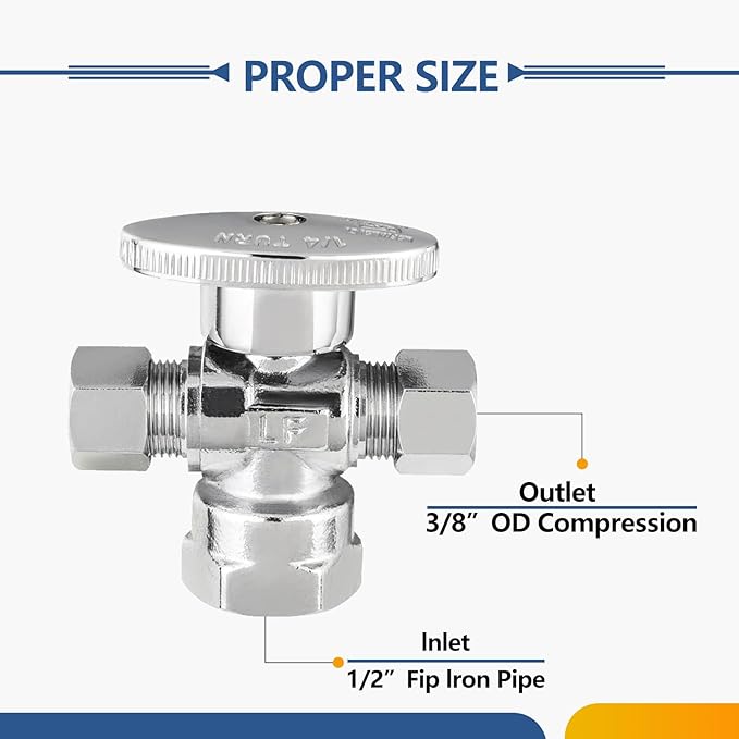 10-Pack GUOFIS Angle Stop Valve with Dual Compression Outlet,1/2" Fip Iron Pipe Inlet x (3/8" x 3/8") Outlet Shut-off Valves(1/4 Turn,Chrome)(VALVE369-10Pack)