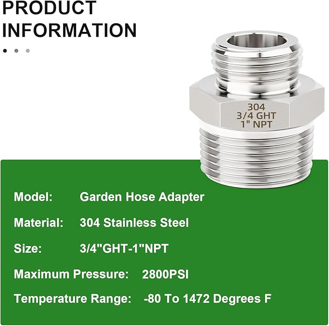 TAISHER 2PCS 304 Stainless Steel Garden Hose Adapter, 3/4" GHT Male x 1" NPT Male Garden Hose Connector with Washers