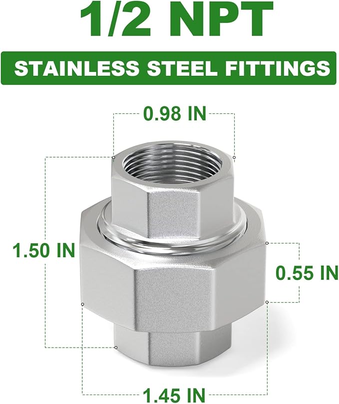 TAISHER 1PCS 304 Stainless Steel Union，1/2" NPT Female Cast Pipe Fitting