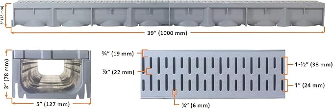 URA WATER - Model UA-100 - Drainage Trench Set - Channel Drain With Grate - Gray Plastic - 3 x 39" - (117" Total Length)