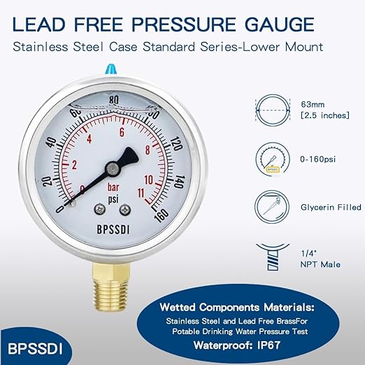 0-160 Psi Lead-Free Glycerin Liquid Filled Low Pressure Gauge, 2.5" Dial Size, 1/4" NPT Lower Mount, 304 Stainless Steel Case, for Water Pipe, HVAC, Water Oil Air Pressure Test